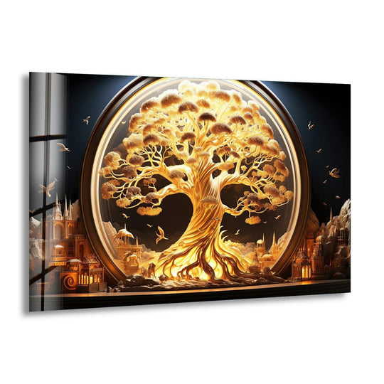 Illuminated by its magical glow, this golden tree of life fantasy art print on glass showcases intricate details, creating a mesmerizing piece of glass art.
