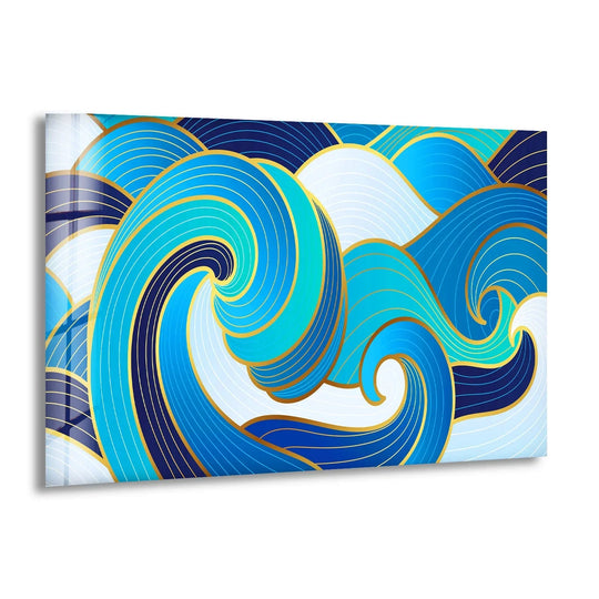 Turquoise abstract print wall art features swirling shapes with ample negative space and elegant gold outlines.