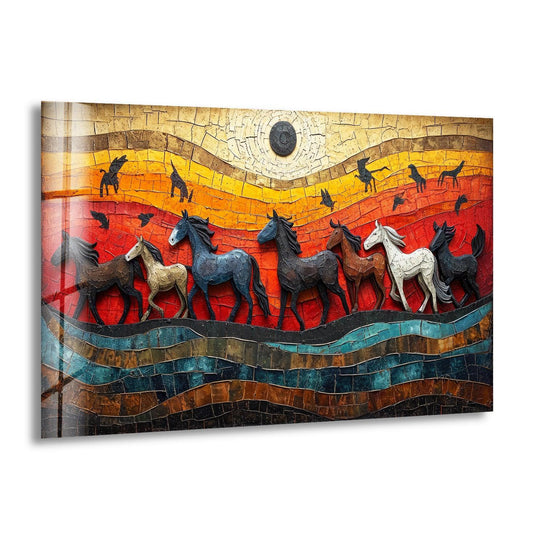 Animal glass wall art mosaic horses motif and nature decor with vivid details