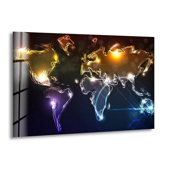 A neon world map glows against dark negative space, a stunning piece of home decor.