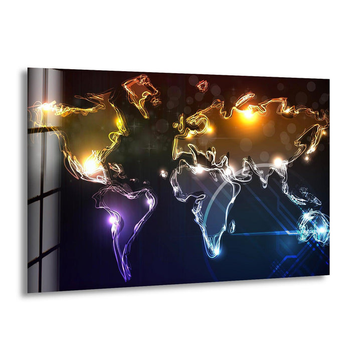 Neon World Map Glass Wall Art