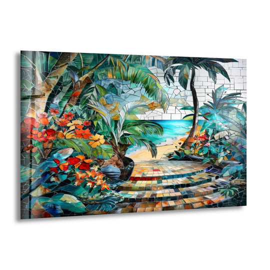 Showcasing the focal point, the mosaic beach pathway in this tropical glass wall art decor leads to a serene ocean view, embraced by vibrant flora and lush palm trees.