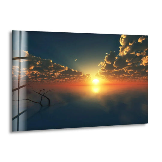 Landscape glass wall art golden sunset over calm waters and ocean sunset art brings elegance to any room