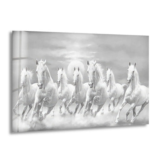 Animal glass wall art white and gray horses running and animal painting plus elegant decor