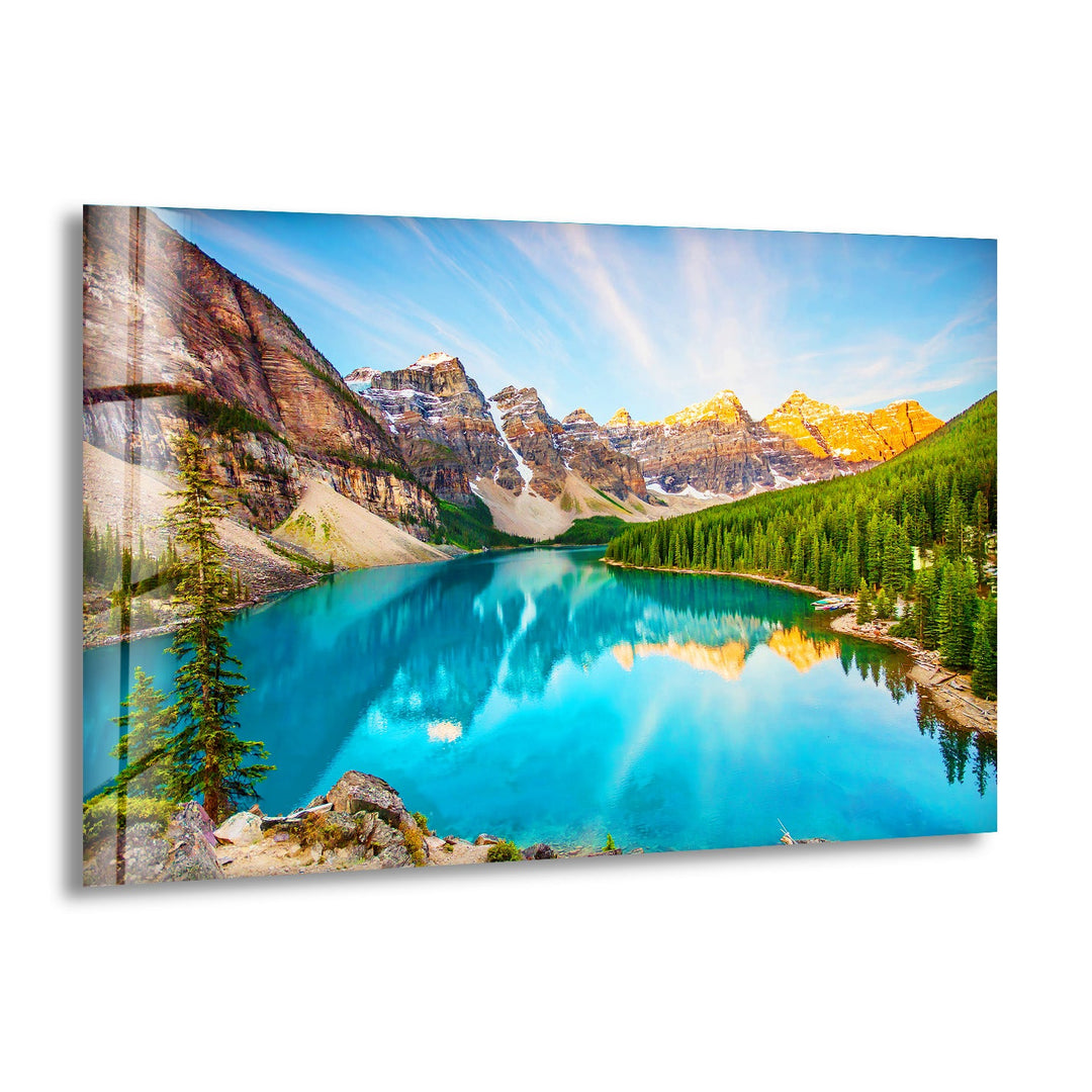 Moraine Lake glass wall art showcasing the stunning turquoise waters and majestic mountain peaks.
