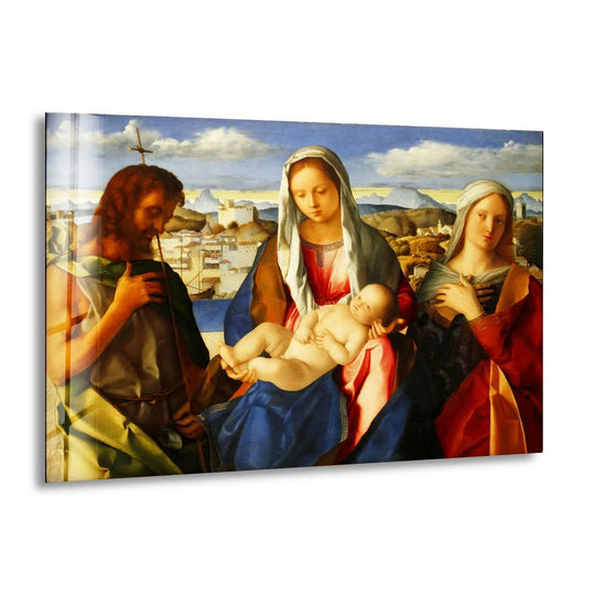 Celebrating the abstract quality, the Madonna of the Meadow glass wall art presents a serene religious painting through a wall prints that highlights the ethereal scene.