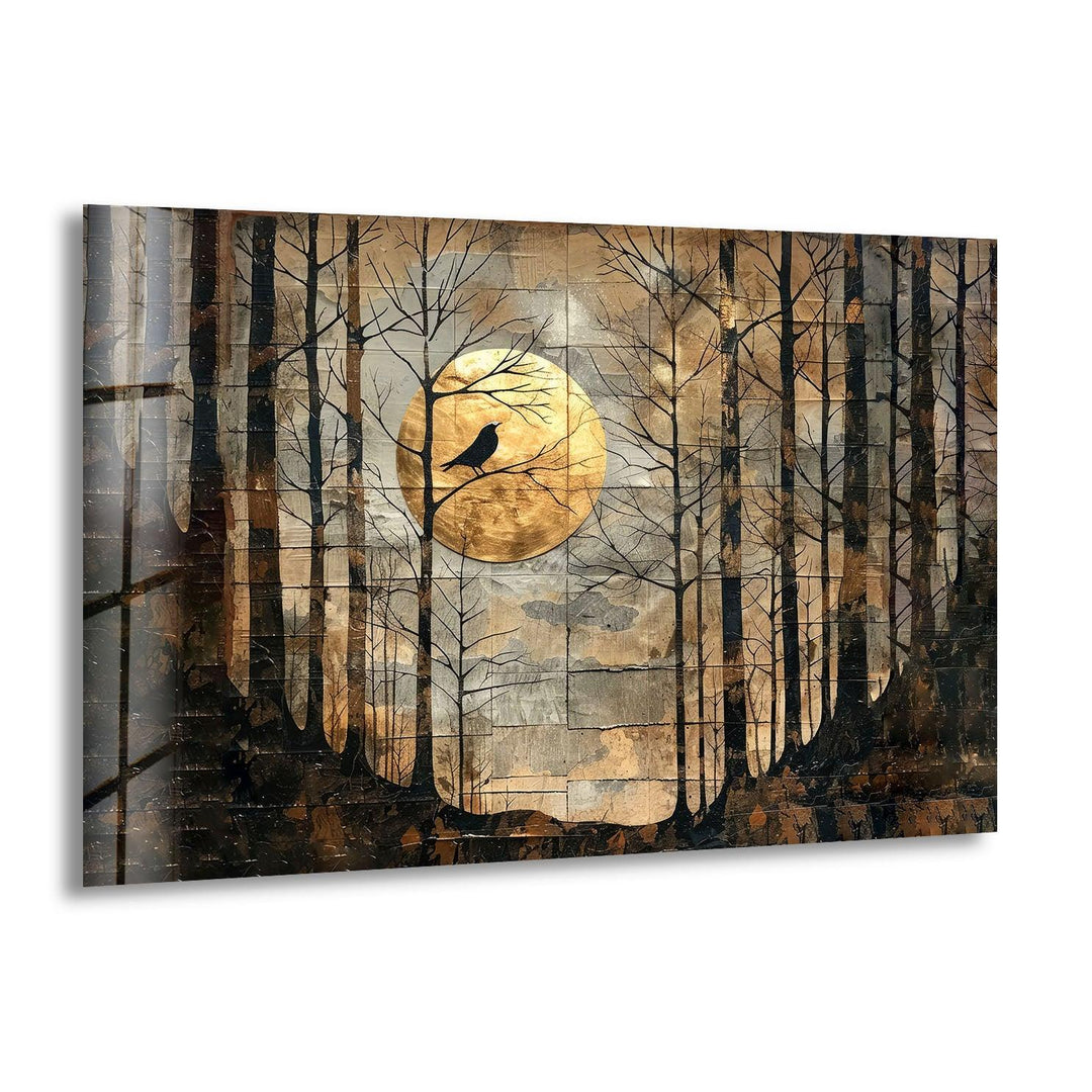A mystical forest scene with a crow perched on a tree branch against a glowing full moon.
