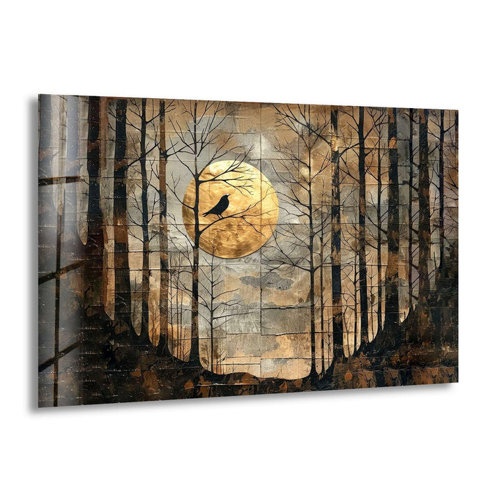 A mystical forest scene with a crow perched on a tree branch against a glowing full moon.
