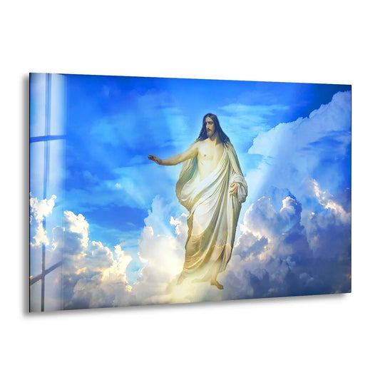 Religion glass wall art with Christian Jesus Cross and blue clouds and radiant light crafted for divine decor and spiritual inspiration