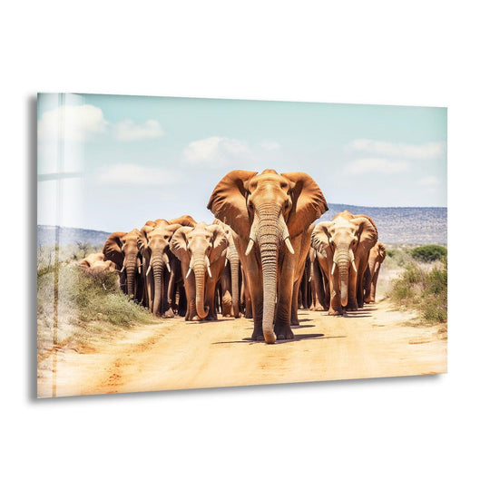 Elephants in The Wild glass wall art shows a herd of animals on safari and makes elegant elephant decor and stunning animal artwork on glass