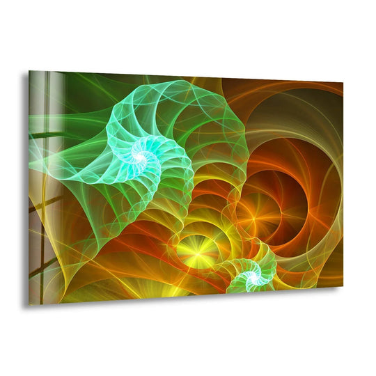 A glossy decorative wall art with swirling fractal patterns rendered in vibrant greens and warm oranges.