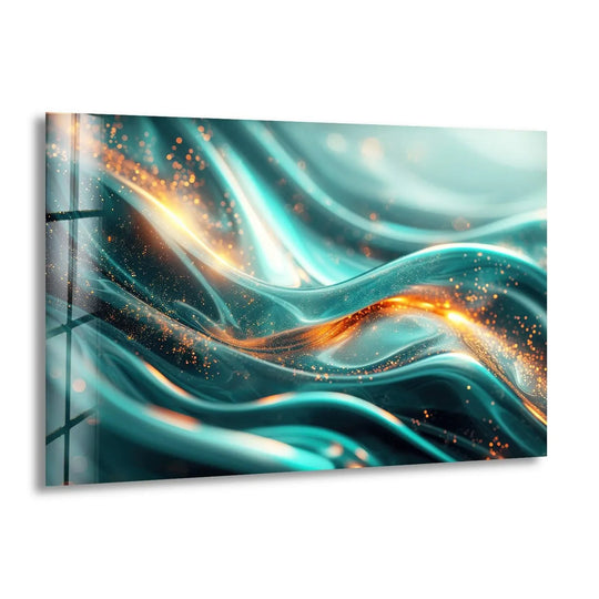 Elegant hanging wall art showcasing a mesmerizing gradient from teal to turquoise, accented by shimmering gold currents.