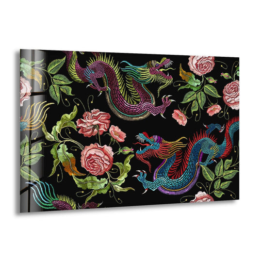 Vibrant embroidered roses and soft dragon scales create a mystical scene in this unique modern wall decor.