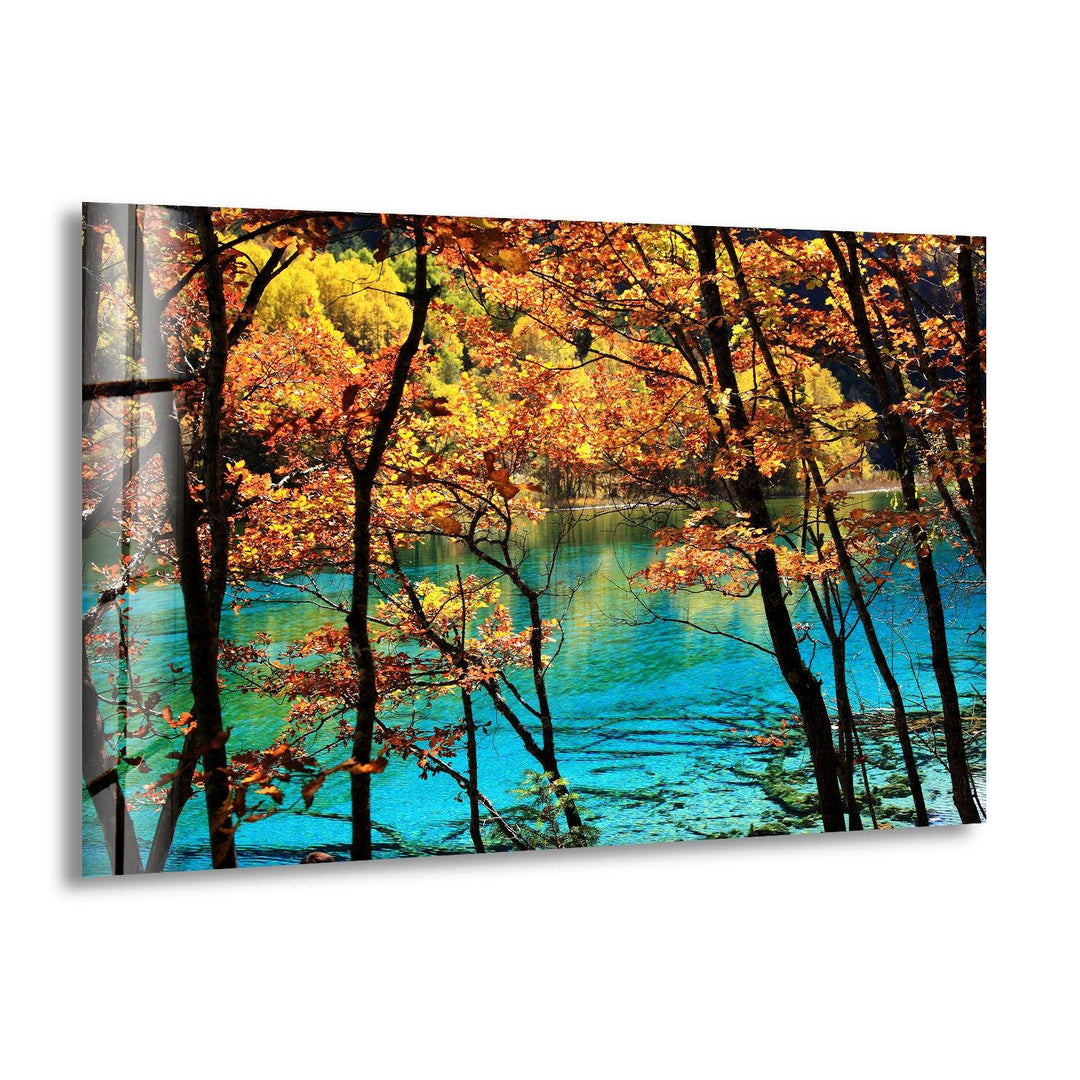 Autumn Forest Glass Wall Art – A Stunning Fall Landscape with Lake Reflection
