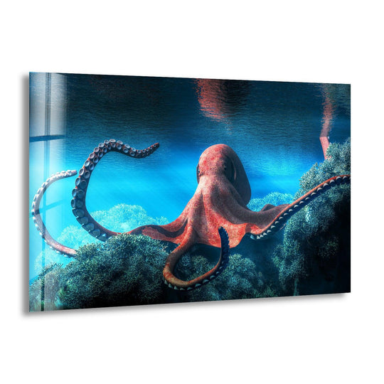 A majestic octopus anchors this vibrant art from glass, showcasing its tentacles amidst coral reefs in vivid azure water.