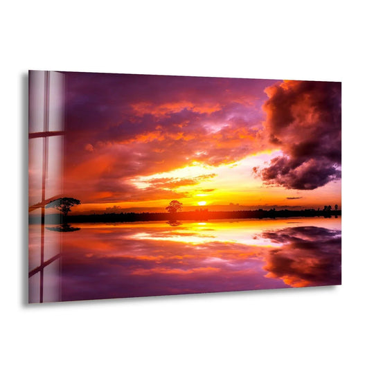 Landscape glass wall art vivid pink sunset sky reflecting light and landscape art for sale