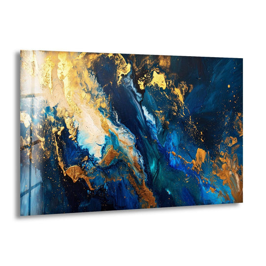Abstract glass art painting featuring a cool blue color temperature with warm golden accents.