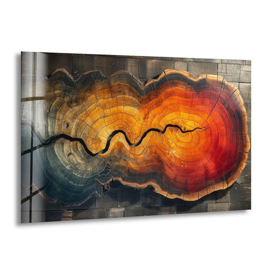 Wood patterned abstract glass wall art showcases a layered effect with rich, vibrant colors in this home decor piece.