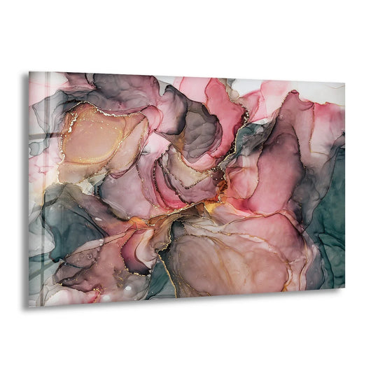 Luxury glass wall art with a glossy finish and shimmering gold accents.