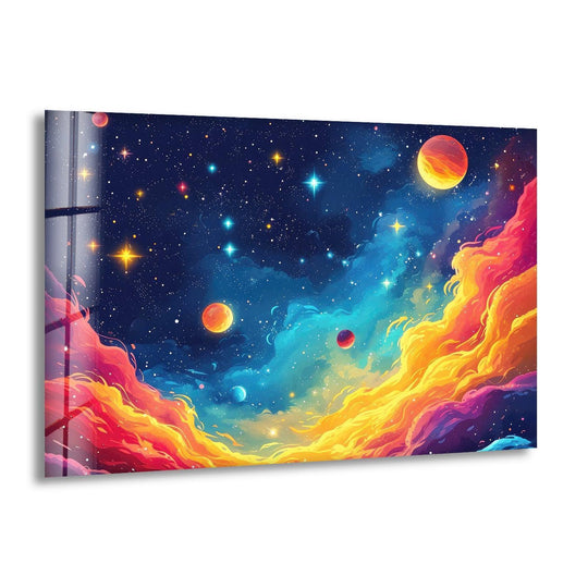 This best glass art displays vivid cosmic clouds and planets with a glossy, reflective finish.