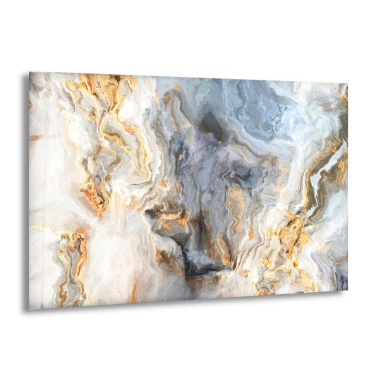 Richly saturated glass print wall art showcases swirling grey and gold veins with subtle cool blue undertones.