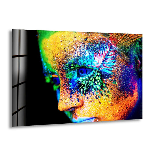 A woman's face explodes with hyper-saturated neon colors, creating stunning unique modern wall decor.