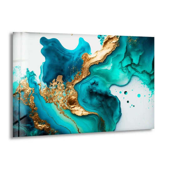 Abstract mint green alcohol ink glass art features bright golden swirls against luminous white and turquoise fluidity.
