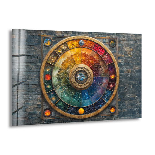 A circular stained glass wall art print features intricate geometric patterns and segmented celestial motifs.