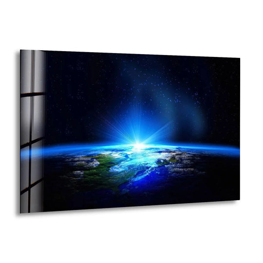 Space wall art planet earth glass wall art with a sunrise view and a space motif plus space photos