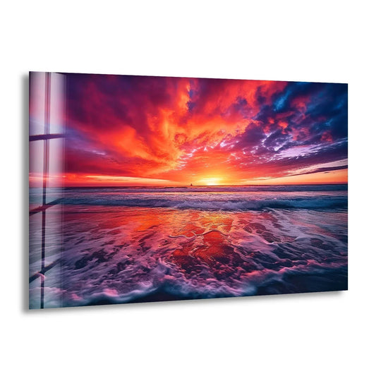 Landscape glass wall art sunset over water waves with fiery hues and ocean waves plus detailed reflection
