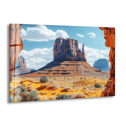 Gentle clouds drift above the buttes in this landscape glass wall art, creating a dreamy contrast to the rugged desert scene within the print wall art.
