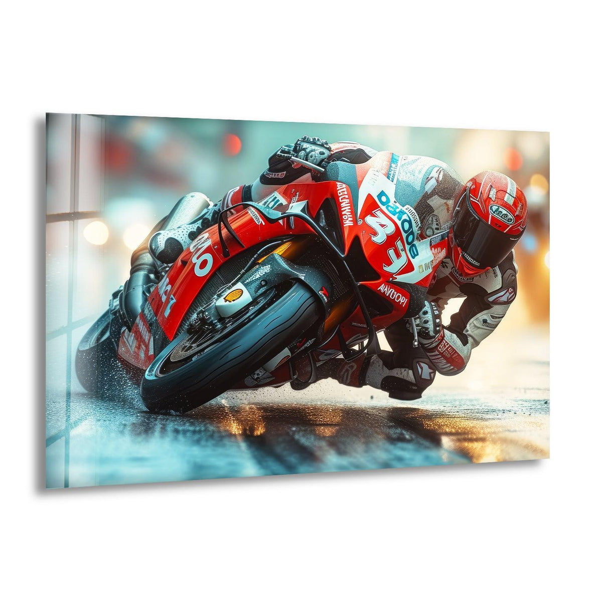 The darkest area highlights the sleek black tire kicking up water on the racetrack in this red motorcycle racing decorative wall art.