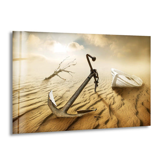 The sandy desert background features clouds and a faint reflection, enhancing this art from glass.