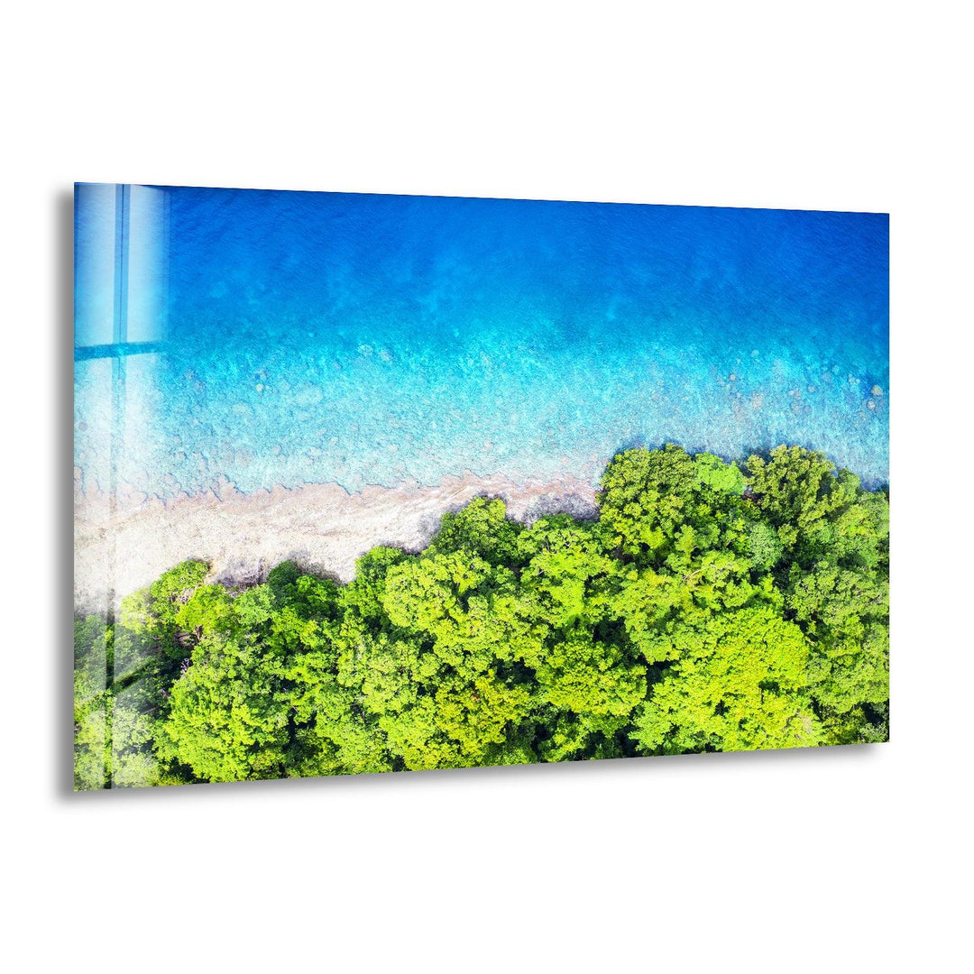 Tropical Coastline Glass Wall Art – A Breathtaking Aerial View of Nature
