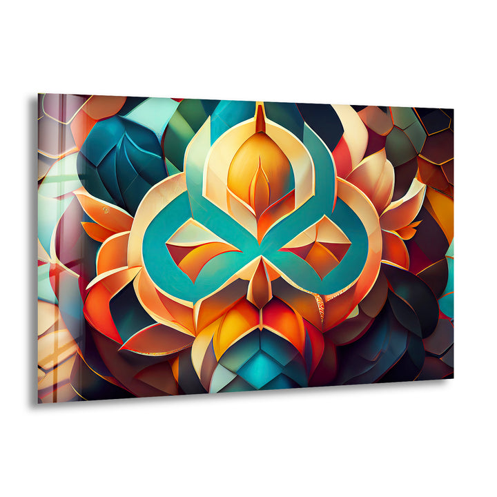 3D Geometric Mandala Glass Wall Art – Vibrant Abstract Lotus Design