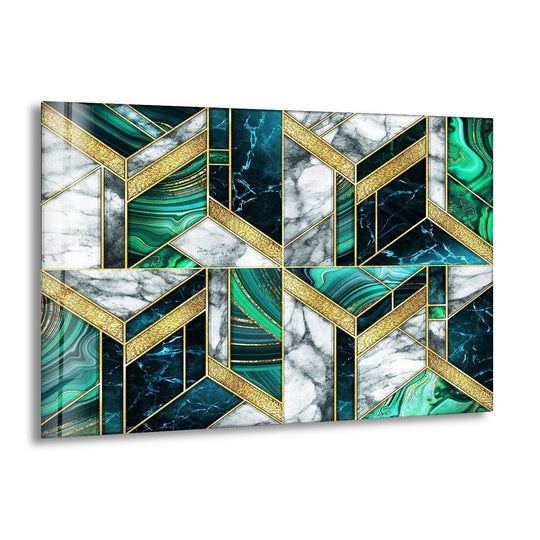 Geometric panels showcase a striking transition between swirling emerald greens, deep teals, and crisp white marble, creating unique modern wall decor.