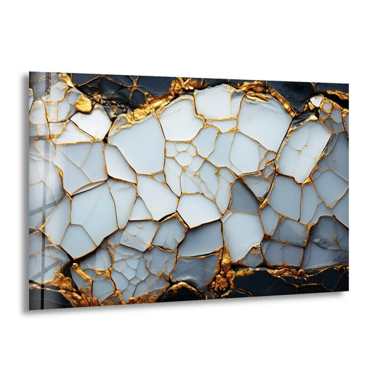 Modern print wall art featuring a cracked marble pattern with gold veins along the edges.