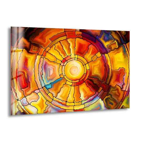 Orange fractal art glass wall art decor, with negative space highlighting the radiating central sunburst design.