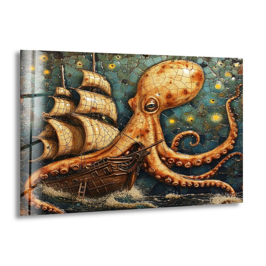 Dark, textured navy blue background with scattered yellow lights behind a kraken attacking a ship on this glass printing.