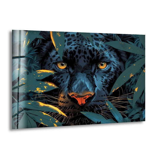 A black panther's intense amber eyes peer through lush foliage in this vibrant piece of home decor.
