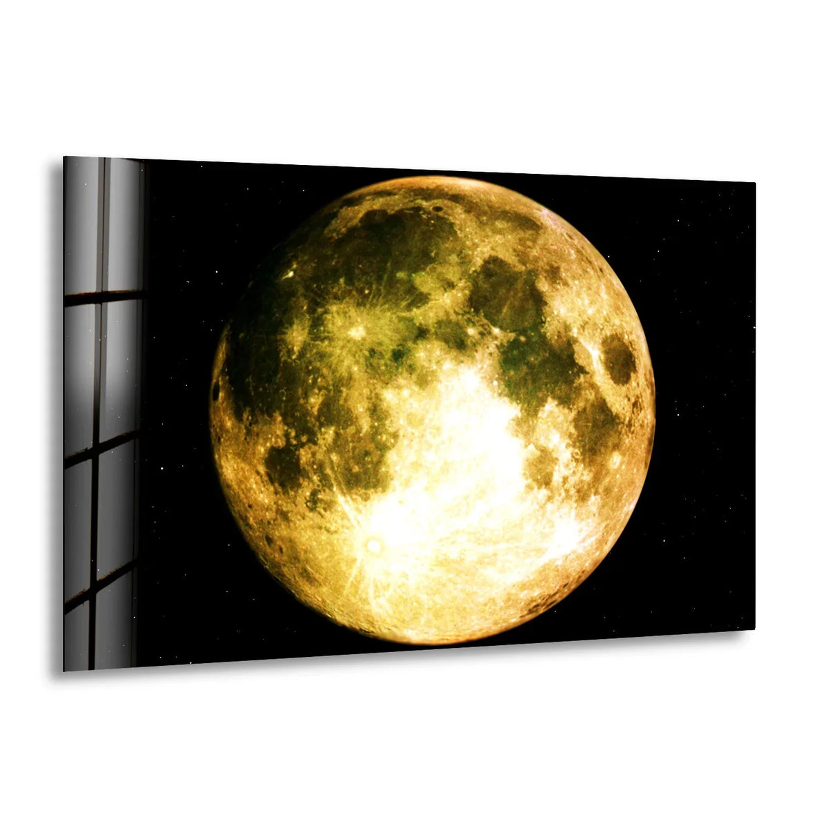 Organic textures and craters define the illuminated surface of the Full Moon, a stunning example of glass wall artwork against the darkness.