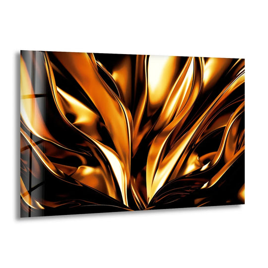 Golden abstract glass art showcases a flowing transition from deep blacks to radiant, fiery oranges and yellows.