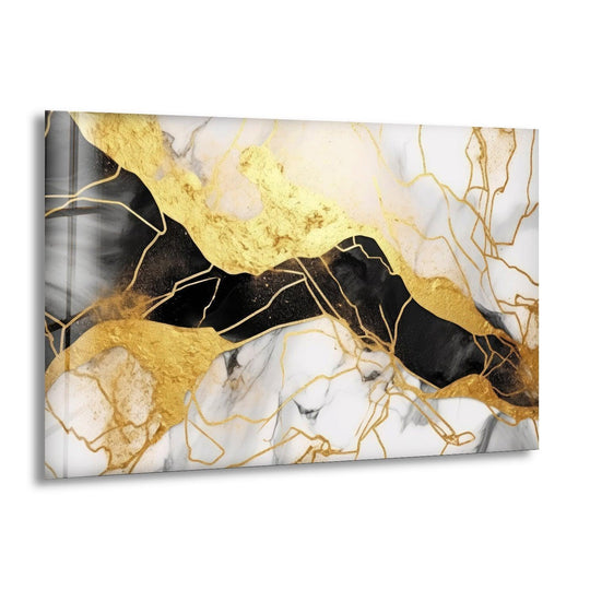Ethereal white marble swirls and soft gold veins create a luxurious feel in this abstract glass wall art home decor.