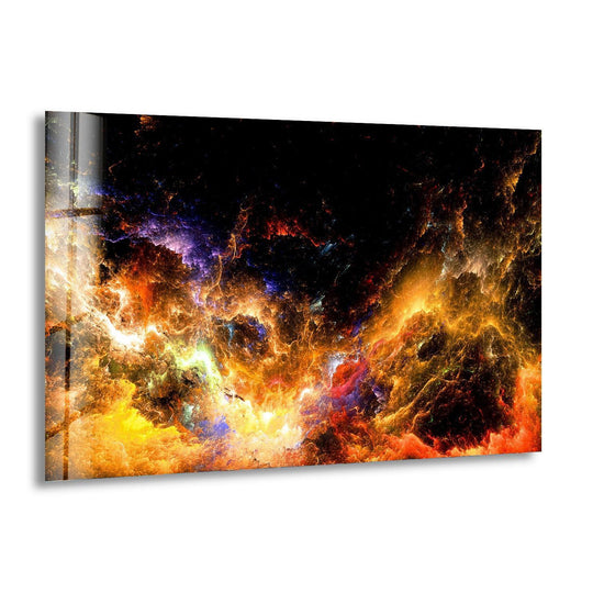 Intense fiery oranges and deep blues swirl in this abstract glass wall art, a dynamic art from glass piece.
