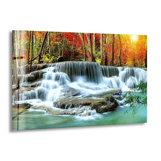 Waterfall in Deep Forest glass wall art shows a stunning landscape motif and offers tranquility with landscape decor and forest wall art on glass