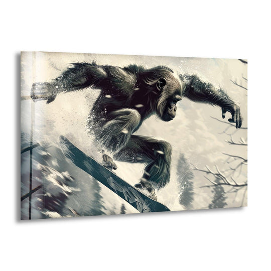 A gorilla on a snowboard is dramatically lit by shadows as it carves through snow, creating a dynamic wall print.