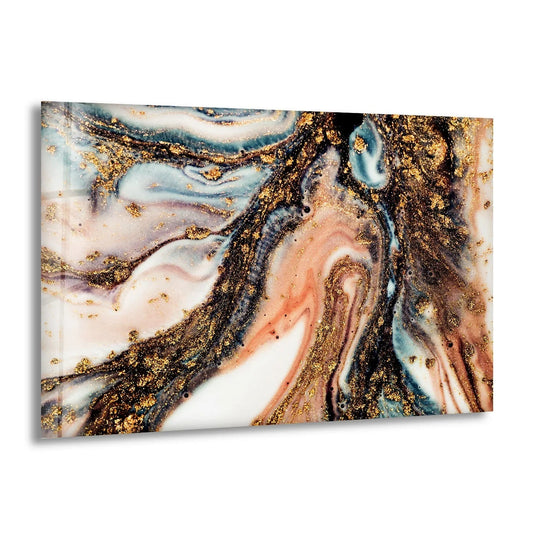 Dominant colors of gold, pink, and navy swirl in this abstract glass art painting with shimmering metallic accents.