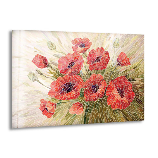 Featuring a smooth finish, this stained glass red poppies art from glass wall art showcases a mosaic-like design with vibrant hues and intricate floral details.