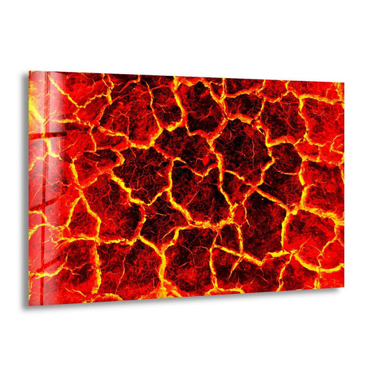 Close up of fiery red magma with glowing yellow cracks, presented as best glass art.