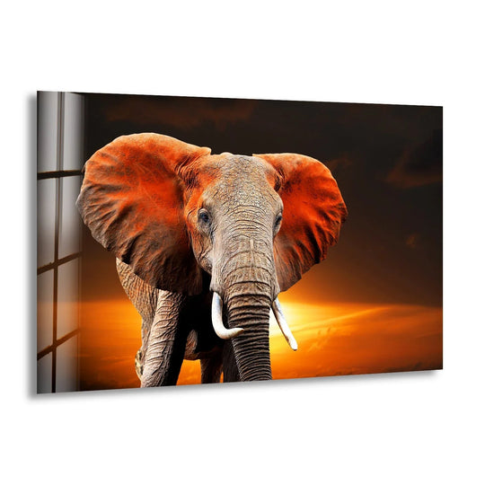 Wildlife Elephant Glass Wall Art presents a majestic elephant and sunset scene as striking animal glass wall art wildlife photography adds nature and abstract art appeal